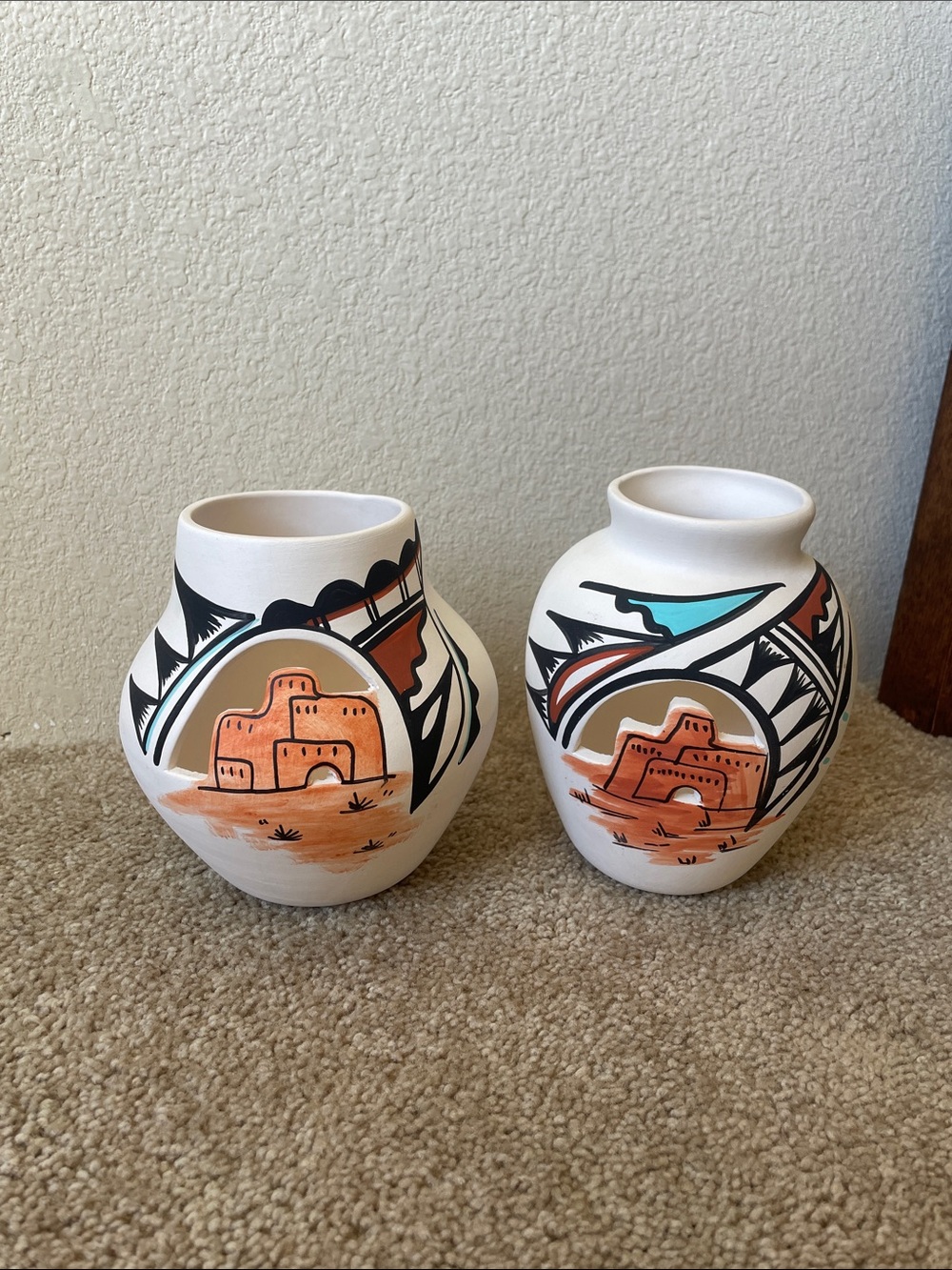 Vintage Hand-Painted Southwestern Ceramic Pottery Set with Terracotta Accents